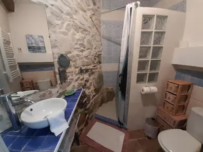 a bathroom with a sink and a shower at La maisonnette avec SPA, PISCINE et CLIMATISATION in Sainte-Vallière