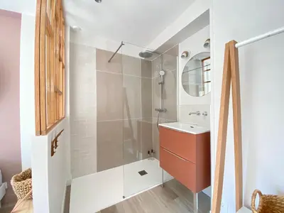a bathroom with a shower and a sink at La Terrasse sur les Toits in Narbonne