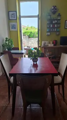 a dining room table with a potted plant on it at Le Clos'art in Vinassan