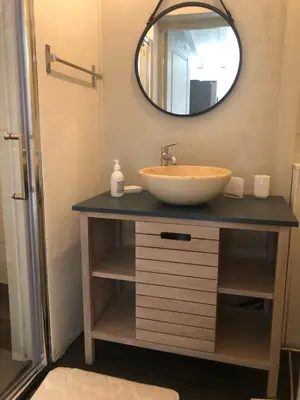 a bathroom with a sink and a mirror at Gîte la Lezardière accès privé canal du midi ** in Castelnaudary