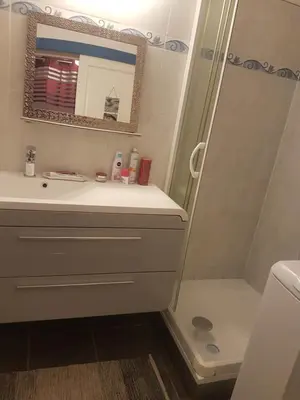 a bathroom with a shower and a sink and a mirror at studio gruissan proche plage des chalets in Gruissan