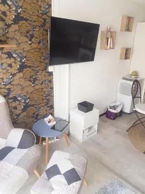 a living room with a flat screen tv on a wall at studio gruissan proche plage des chalets in Gruissan