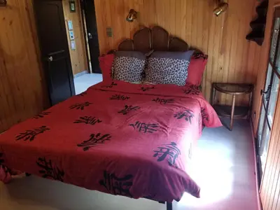 a bedroom with a bed with a pink comforter at LA BOULZANE in Puilaurens