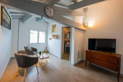 a living room with a tv and a clock on the wall at Chez la fille de l éclusier in Castelnaudary