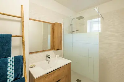 a bathroom with a sink and a shower at Le Lovely Narbonnais - Balneo & Sauna in Narbonne