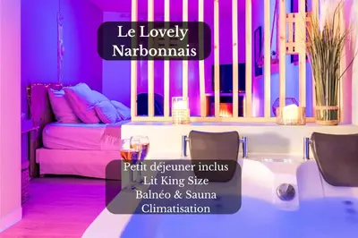 a room with a bed and a table and chairs at Le Lovely Narbonnais - Balneo & Sauna in Narbonne