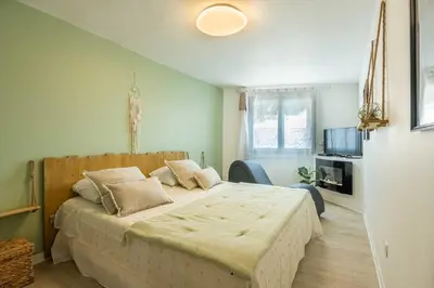 a bedroom with a large bed in a room at Le Lovely Narbonnais - Balneo & Sauna in Narbonne