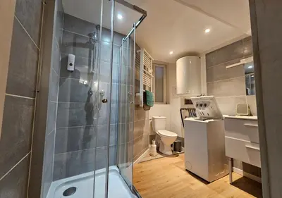 a bathroom with a shower and a toilet at Le Cathare-Limoux-WIFI-Parking free-Oc-Keys in Limoux