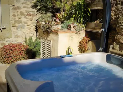 a blue tub with a faucet and some plants at Demeure vigneronne de charme Pays CATHARE Carcassonne Jacuzzi in Blomac