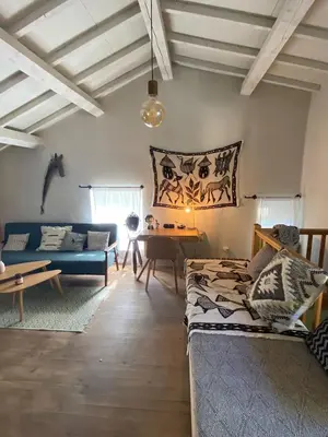 a living room with a table and a tv at MAISON ST LAURENT in Olargues