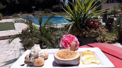 a plate of pastries on a table next to a pool at Bel Hotel Restaurant la Gentilhommière in Trèbes