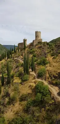 a castle on top of a hill with trees at Bijou SURDESPINE air conditioned 100m to Historic 4 Cathar Châteaux Lastours access to a very pretty riverside garden!! in Lastours