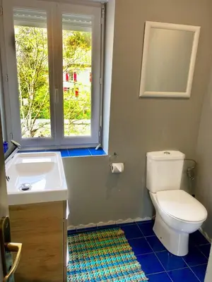 a bathroom with a toilet and a sink and a window at Bijou SURDESPINE air conditioned 100m to Historic 4 Cathar Châteaux Lastours access to a very pretty riverside garden!! in Lastours