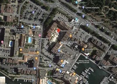 a map of a city with buildings at Gruissan-Port-T3-2chambres-5pers-43m2-Parking-Clim-Piscine-Valerie in Gruissan