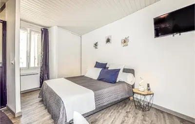 a bedroom with a bed and a tv on the wall at 1 Bedroom Stunning Home In Bélesta in Bélesta