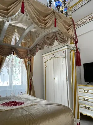 a bedroom with a canopy bed and a television at Chambre Orientale Chérazade Maison de L'Église in Narbonne