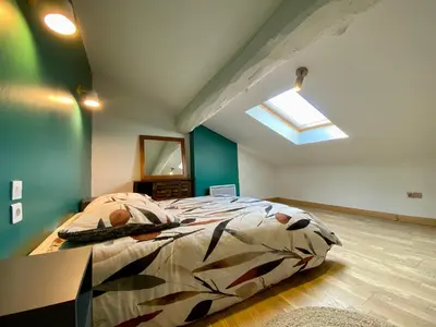 a bedroom with a bed and a skylight at L'Aigle d'or - Vue cité médiévale in Carcassonne