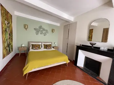 a bedroom with a bed and a fireplace at L'oiseau Bleu suite MERLE BLEU in Roubia