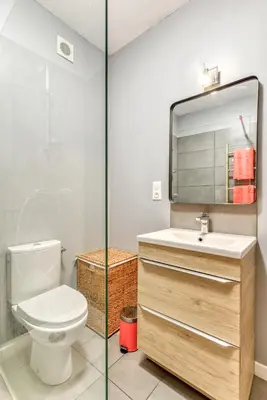 a bathroom with a toilet and a sink and a mirror at Le Cocon / Free Parking / Wifi / Netflix in Carcassonne