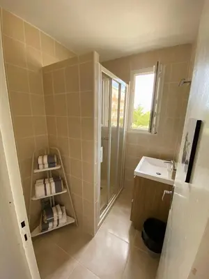 a bathroom with a shower and a sink and a mirror at La maison de Jade Le Mabrouka in Port-la-Nouvelle