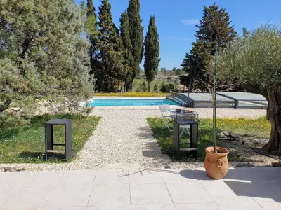 a potted tree in a pot next to a pool at La Pinède in Azillanet