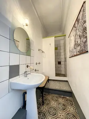 a bathroom with a sink and a mirror at L'Oiseau Bleu PEACOCK in Roubia