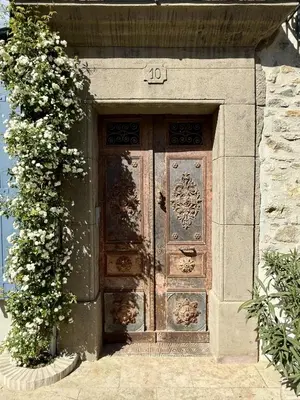 a large wooden door in a stone building at L'Oiseau Bleu PEACOCK in Roubia