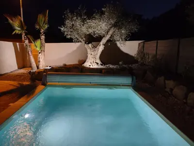 a swimming pool at night with a tree in the background at Petit Rêve des Corbières in Durban-Corbières