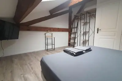 a room with a bed and a tv and a door at Beau T3 au cœur du centre ville in Narbonne