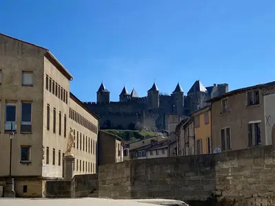 a view of a city with a castle in the background at La Rosela de la Cité in Palaja