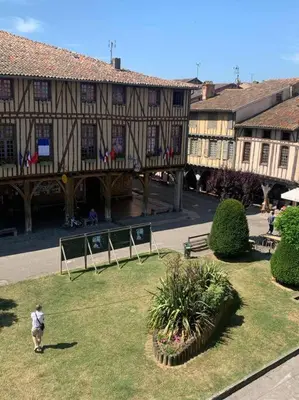a person standing in the grass in front of a building at Appartement mirepoix in Mirepoix