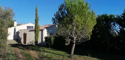 a small white house with a tree in front of it at Gîte Les Romarins Vue exceptionnelle ! in Saint-Jean-de-Minervois