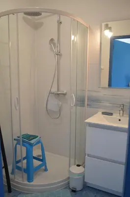 a bathroom with a shower and a sink at Gîte Marin in Narbonne