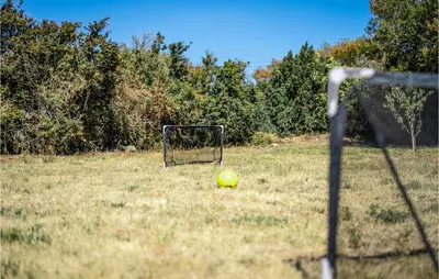 a yellow soccer ball in a field with a goal at Awesome Home In Pardailhan With Kitchen in Pardailhan