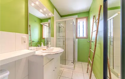 a bathroom with green walls and a sink and a shower at Awesome Home In Pardailhan With Kitchen in Pardailhan