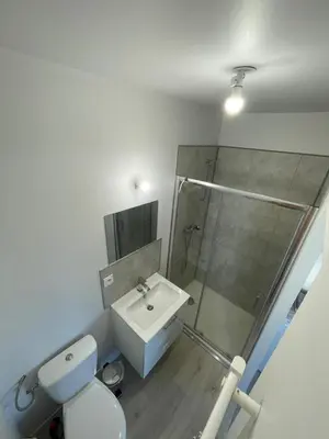 a bathroom with a shower and a toilet and a sink at Castres maisonnette proche du centre ville, parking et jardin in Castres