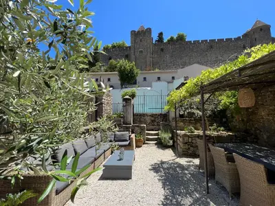 a garden with a castle in the background at La Maison de La Tour Pinte in Carcassonne