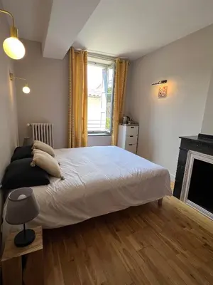 a bedroom with a large bed and a fireplace at La Maison de La Tour Pinte in Carcassonne