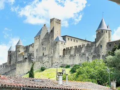 a large castle sitting on top of a hill at La Maison de La Tour Pinte in Carcassonne