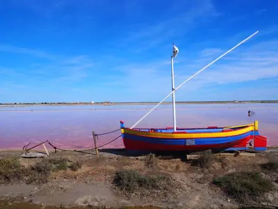 a boat sitting on the shore of a body of water at La closerie des iris in Castelnau-dʼAude