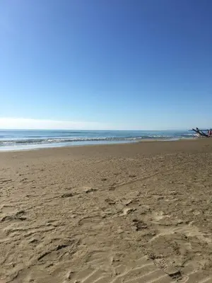 a beach with footprints in the sand and the ocean at Pavillon in Port-la-Nouvelle