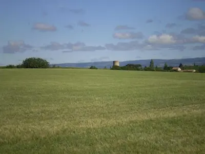 a large field of green grass with a silo in the distance at Le cazal in Sainte-Eulalie
