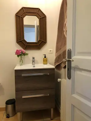 a bathroom with a sink and a mirror at The Gatehouse in Castres