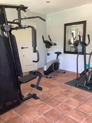a gym with tread machines and a mirror at The Gatehouse in Castres