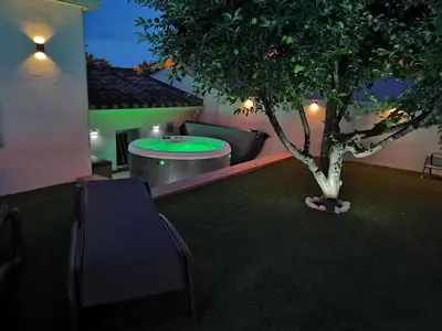 a garden with a tree in the middle of a house at Maison L'Inattendu avec spa & piscine privatifs in Moussan
