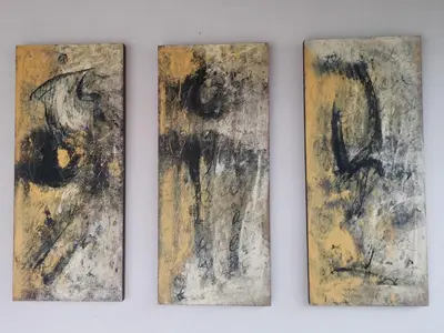 three pieces of art hanging on a wall at Maison L'Inattendu avec spa & piscine privatifs in Moussan