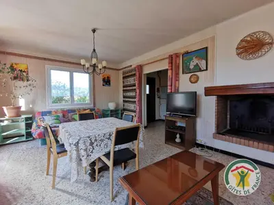 a living room with a table and a fireplace at Le janabel in Prades-sur-Vernazobre