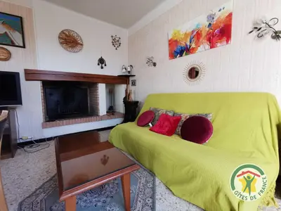 a living room with a green couch and a fireplace at Le janabel in Prades-sur-Vernazobre