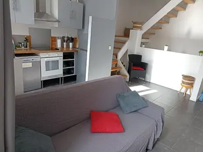 a living room with a gray couch with a red pillow at Jolie Maison au centre du village in Gruissan