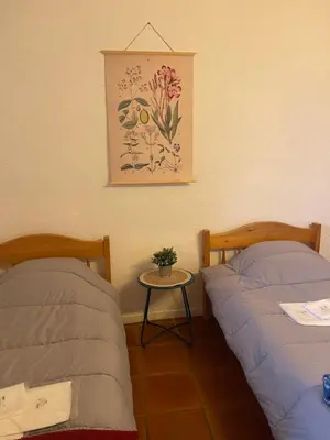 a bedroom with two beds and a table with a picture at Gîte XL Familles et groupes Duilhac sous Peyrepertuse in Duilhac